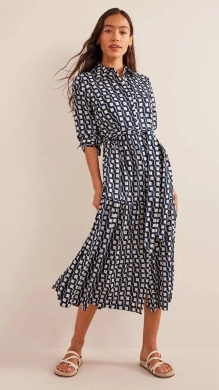 Boden Flo Tiered midi shirt dress navy blue white cube geometric women's size 8R